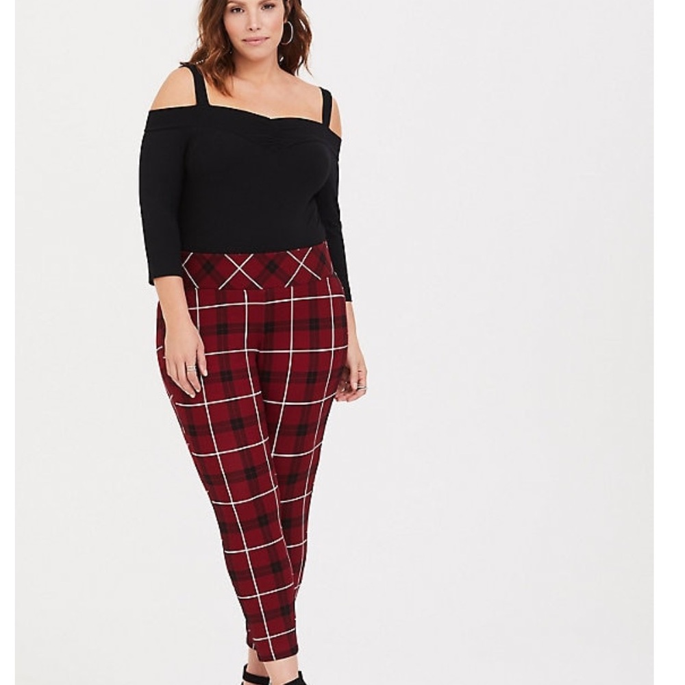Torrid Red Plaid Ponte Stretch Pull-On Crop Pants - Picture 2 of 10